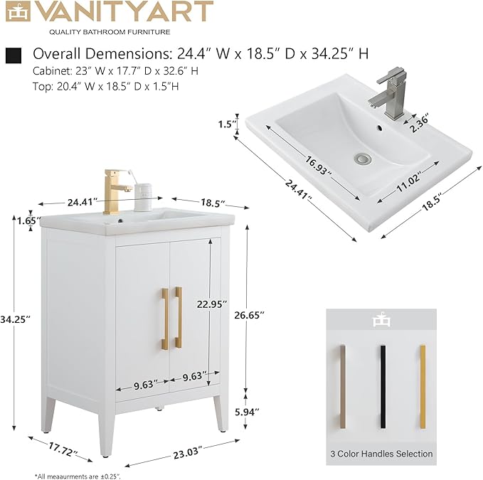 Vanity Art 24 inch Bathroom Vanity with Single Sink & Ceramic Top, Vanity Cabinet with Soft-Closing Doors, Solid Wood Frame, White, VA9024-W-GB1