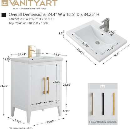 Vanity Art 24 inch Bathroom Vanity with Single Sink & Ceramic Top, Vanity Cabinet with Soft-Closing Doors, Solid Wood Frame, White, VA9024-W-GB1