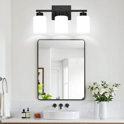 3-Light Bathroom Light Fixtures, Black Vanity Light with Milky White Frosted Glass Shades, Bathroom Wall Lamp with E26 Socket, for Mirror, Living Room, Bedroom