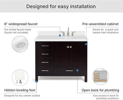 ARIEL Cambridge 42-inch Bathroom Vanity with Sink,Solid Wood, 1.5-inch Pure White Quartz Countertop & Backsplash, Single Oval Porcelain Sink, 2 Soft Closing Doors, 5 Dovetail Drawers, Espresso