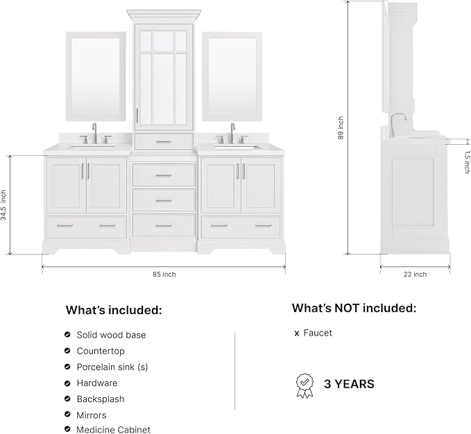 ARIEL Stafford 84-inch Bathroom Vanity with Sink,Solid Wood, 1.5-inch Carrara White Quartz Countertop, Double Rectangular Porcelain Sink, 5 Soft Closing Doors, 6 Dovetail Drawers, White