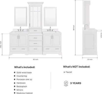 ARIEL Stafford 84-inch Bathroom Vanity with Sink,Solid Wood, 1.5-inch Carrara White Quartz Countertop, Double Rectangular Porcelain Sink, 5 Soft Closing Doors, 6 Dovetail Drawers, White