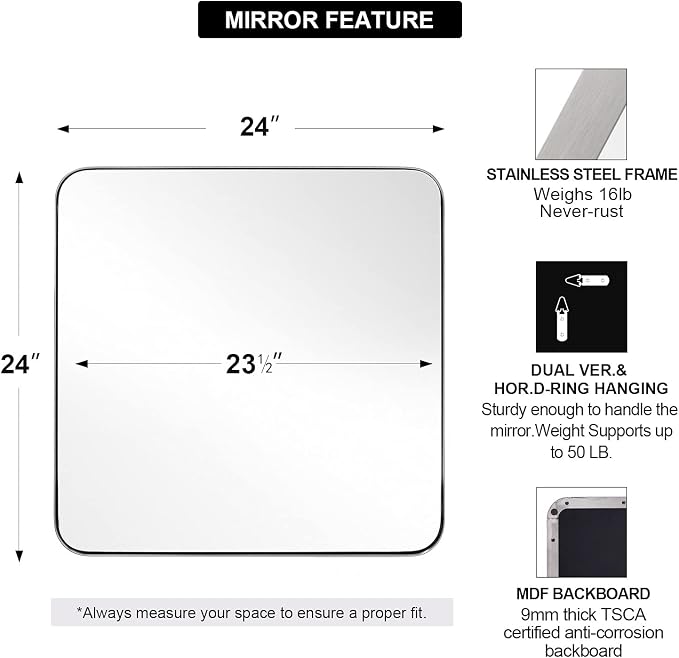 Square Brushed Nickel Mirror for Bathroom, 24”x24” Silver Metal Frame Wall Mirror, Rounded Corner Stainless Steel Hangs Horizontal Or Vertical