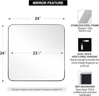 Square Brushed Nickel Mirror for Bathroom, 24”x24” Silver Metal Frame Wall Mirror, Rounded Corner Stainless Steel Hangs Horizontal Or Vertical