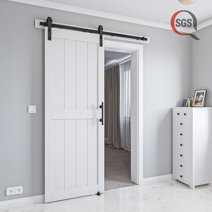 32in x 96in MDF Sliding Barn Door with 6ft Barn Door Hardware Kit & Handle | White Solid Barn Door Slab Covered with Water-Proof PVC Surface, Pre-Drilled Holes Easy Assembly, H-Frame