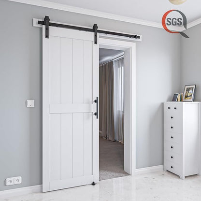 32in x 96in MDF Sliding Barn Door with 6ft Barn Door Hardware Kit & Handle | White Solid Barn Door Slab Covered with Water-Proof PVC Surface, Pre-Drilled Holes Easy Assembly, H-Frame