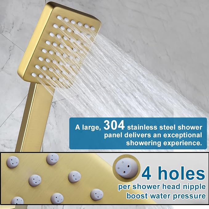 Shower Tub Faucet Set Brushed Gold Bathroom Shower System with Tub Spout Wall Mounted Rainfall 12 Inch Thickened Shower Head and Handle Set Include Shower Valve and Trim Kit