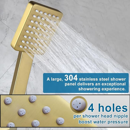 Shower Tub Faucet Set Brushed Gold Bathroom Shower System with Tub Spout Wall Mounted Rainfall 12 Inch Thickened Shower Head and Handle Set Include Shower Valve and Trim Kit