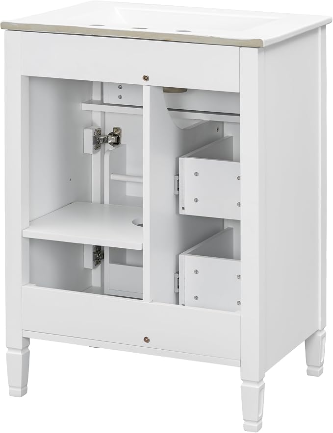 24" Modern Bathroom Vanity with Ceramic Sink, Solid Wood Frame Freestanding Storage Cabinet w/2 Drawers & Tilt-Out Drawer, Door Rack & Adjustable Shelf, Golden Metal Handles, White