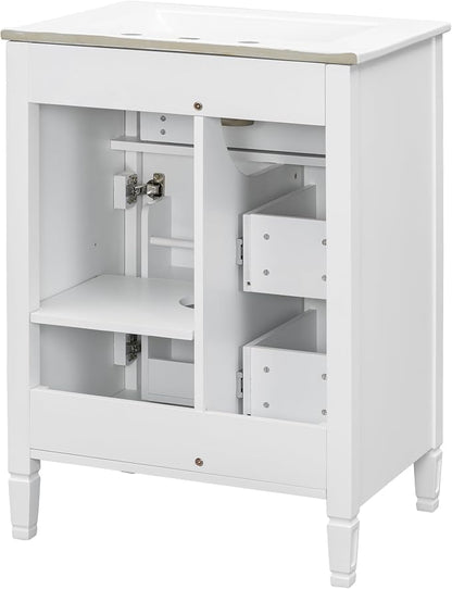 24" Modern Bathroom Vanity with Ceramic Sink, Solid Wood Frame Freestanding Storage Cabinet w/2 Drawers & Tilt-Out Drawer, Door Rack & Adjustable Shelf, Golden Metal Handles, White
