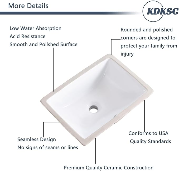 18 Inch Undermount Bathroom Sink White Rectangular,Overflow Type | Ceramic Under Counter Bathroom Sink for Cabinet Porcelain Vanity Sinks (18.3"x13.0")