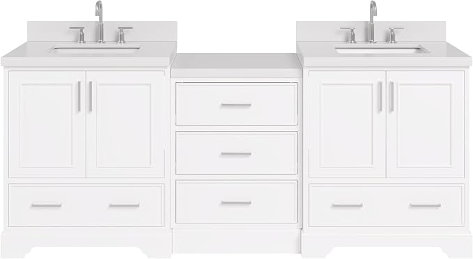 ARIEL Stafford 84-inch Bathroom Vanity with Sink,Solid Wood, 1.5in Pure White Quartz Countertop & Backsplash, Double Rectangular Porcelain Sink, 4 Soft Closing Doors, 5 Dovetail Drawers, White