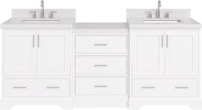 ARIEL Stafford 84-inch Bathroom Vanity with Sink,Solid Wood, 1.5in Pure White Quartz Countertop & Backsplash, Double Rectangular Porcelain Sink, 4 Soft Closing Doors, 5 Dovetail Drawers, White