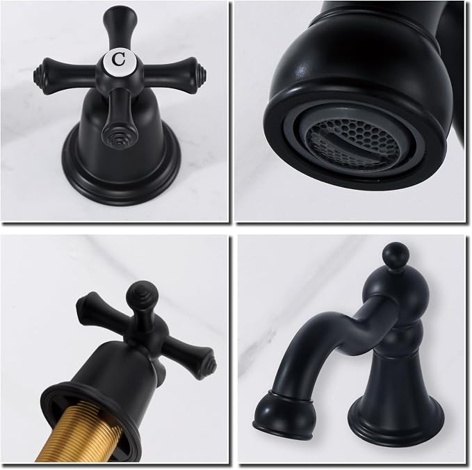 RKF Bathroom Faucets for Sink 3 Hole Black 8 inch Widespread Bathroom Sink Faucet with Drain 2 Handles Cross Knobs Faucet Bathroom Vanity Basin Mixer Tap CWF033-MB