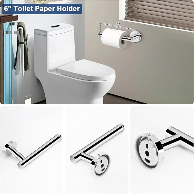 NearMoon 5 Pieces Bathroom Hardware Set SUS304 Thicken Stainless Steel-Towel Rack Kit Include 24" Towel Rod + Bath Towel Ring + Toilet Paper Holder + Robe Towel Hooks Bath Accessories (Chrome Finish)