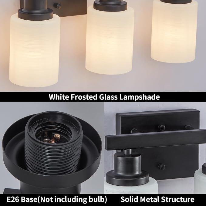 Bathroom Light Fixtures Over Mirror, 2-Light Modern Matte Black Vanity Lights with White Frosted Glass Shade, Bathroom Wall Lamp Sconces for Mirror Bedroom, Living Room Hallway Small Space