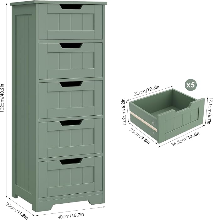 FOTOSOK Bathroom Cabinet, Bathroom Storage Cabinet with 5 Drawers, Green | Narrow Bathroom Storage with Cut-Out Handles, 11.8” x 15.7” x 40.1”, Slim & Small Floor Cabinet for Laundry/Hallway