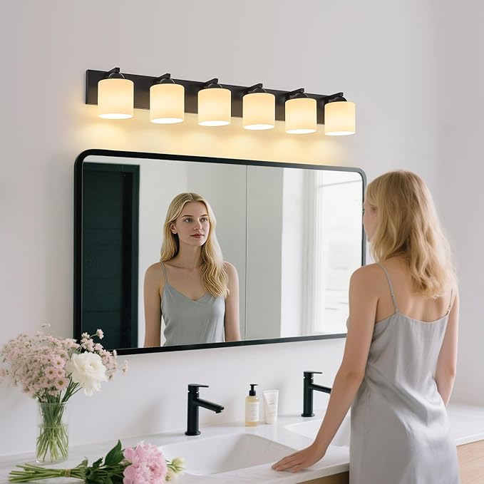 mirrea 44-Inch 6-Light Black Vanity Lights for Bathroom, Vanity Lighting Fixtures with Etched White Glass Shades