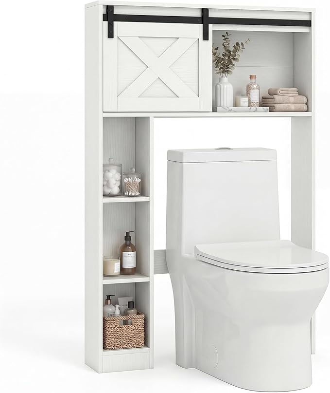 GIANTEX Over The Toilet Storage Cabinet - Freestanding Bathroom Organizer with Sliding Barn Door & Storage Shelves, Multifunctional Bathroom Toilet Rack for Bathroom, Restroom, Laundry (White)