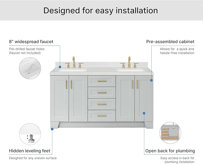 ARIEL Taylor 66-inch Bathroom Vanity with Sink,Solid Wood, 1.5-inch Carrara White Quartz Countertop & Backsplash, Double Rectangular Porcelain Sink, 4 Soft Closing Doors, 5 Dovetail Drawers, Grey
