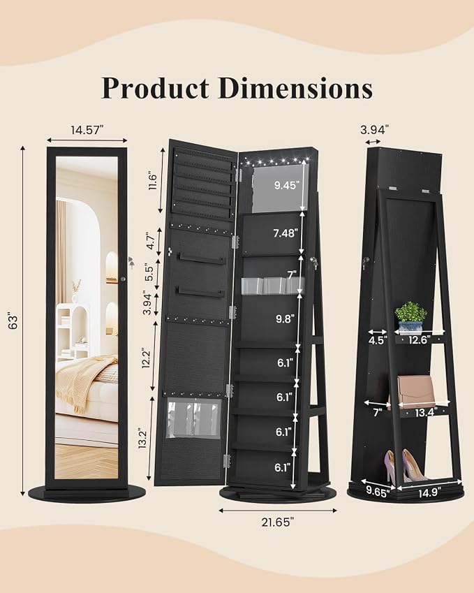 LVSOMT LED Jewelry Cabinet Standing, 360° Swivel Jewelry Armoire, Black | Full Length Mirror with Storage, 3 Rear Shelves, Internal Mirror, 3 Color Lights, Lockable for Bedroom, Women Girls Gift