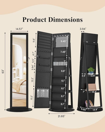 LVSOMT LED Jewelry Cabinet Standing, 360° Swivel Jewelry Armoire, Black | Full Length Mirror with Storage, 3 Rear Shelves, Internal Mirror, 3 Color Lights, Lockable for Bedroom, Women Girls Gift