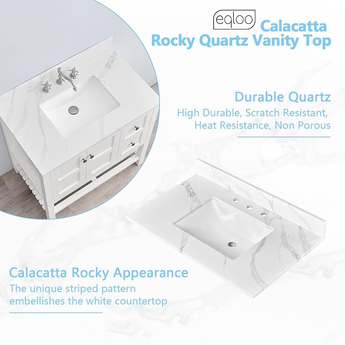 36 in. W x 22 in D Quartz Vanity Top in Calacatta Rocky, Vanity Sink Top with Assembled Single Drop-in Sink, Pre-Drilled Widespread Faucet Holes Countertop with 4" H Backsplash