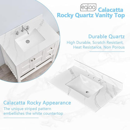 36 in. W x 22 in D Quartz Vanity Top in Calacatta Rocky, Vanity Sink Top with Assembled Single Drop-in Sink, Pre-Drilled Widespread Faucet Holes Countertop with 4" H Backsplash