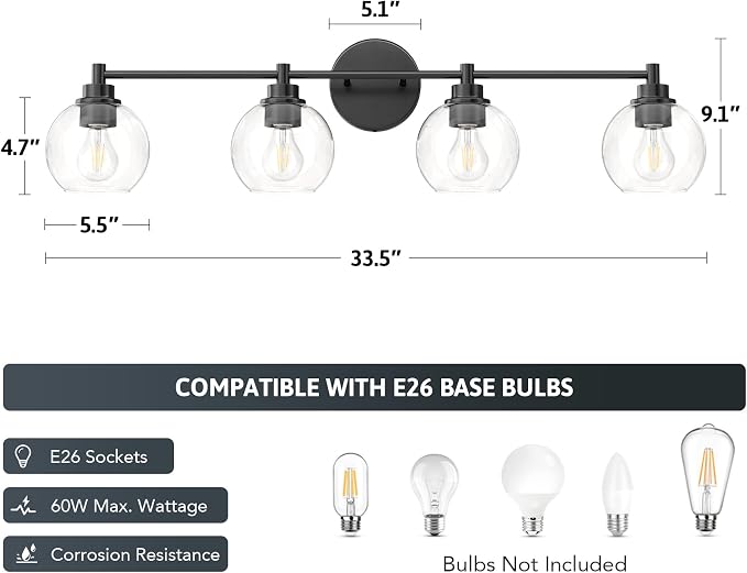VONLUCE 4 Light Bathroom Vanity Light Fixtures, Black Finish | Globe Glass Shades, E26 Sockets, Easy to install, Vanity Lights for Bedroom Hallway Living Room
