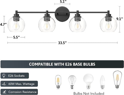 VONLUCE 4 Light Bathroom Vanity Light Fixtures, Black Finish | Globe Glass Shades, E26 Sockets, Easy to install, Vanity Lights for Bedroom Hallway Living Room