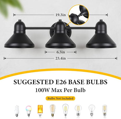 Bairth Bathroom Light Fixtures,3-Light Black Metal Vanity Light Over Mirror | Farmhouse Rustic Industrial Bathroom Vanity Light, Modern Bathroom Lights with Metal Shade for Living Room Cabinet Hallway