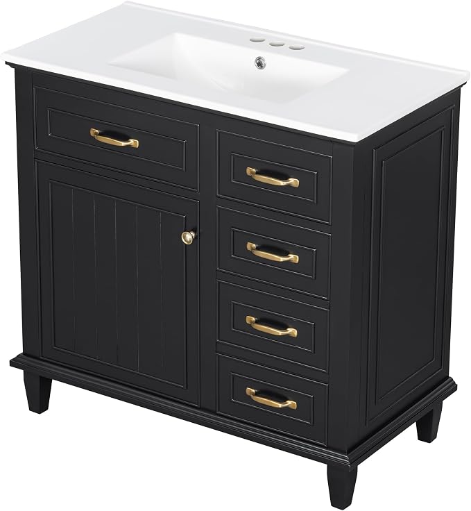 36" Bathroom Vanity with Ceramic Sink Top, Soft-Close Door & Flip Drawers, Freestanding Storage Cabinet W/Adjustable Shelf, Solid Wood Frame for Bathrooms, Powder Room, Guest Bath,Black