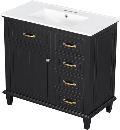 36" Bathroom Vanity with Ceramic Sink Top, Soft-Close Door & Flip Drawers, Freestanding Storage Cabinet W/Adjustable Shelf, Solid Wood Frame for Bathrooms, Powder Room, Guest Bath,Black