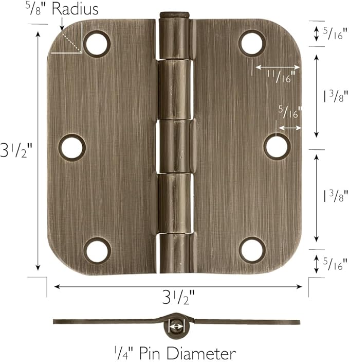 Design House Door Hinges for Interior Doors, 12-Pack, 3.5-inch x 3.5-inch – Rounded 5/8-inch Radius Steel Door Hinge – Antique Brass – Fits Standard Doors – Design House 189753