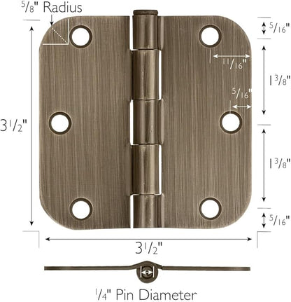 Design House Interior Door Hinges, 3.5 in. x 3.5 in., Rounded, 5/8-in. Radius, Steel, Pre-Lubricated, Door Hardware, Antique Brass, 6-Pack, 189746