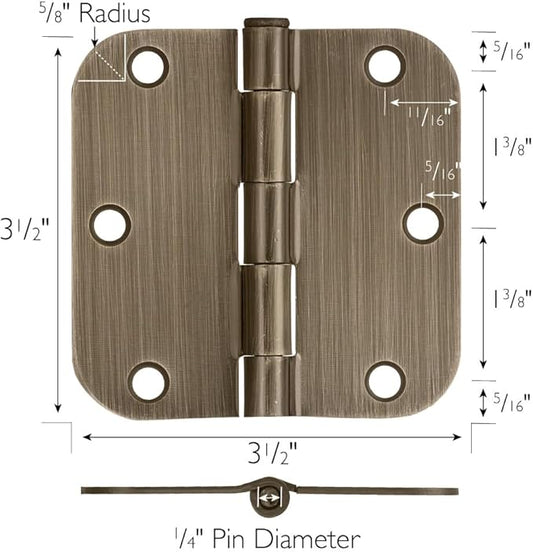 Design House Interior Door Hinges, 3.5 in. x 3.5 in., Rounded, 5/8-in. Radius, Steel, Pre-Lubricated, Door Hardware, Antique Brass, 6-Pack, 189746