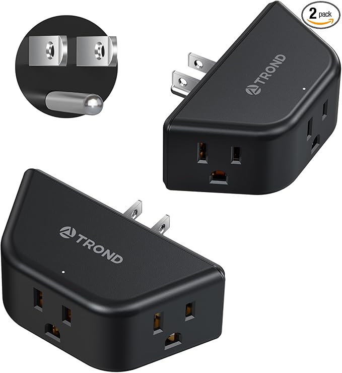 TROND Black Outlet Extender 2 Pack, 3 Plug Outlet Adapter | No Blocking with 3 Way Angled Design, Cruise Essentials, Small Multi Plug Expander for Home Travel Hotel Dorm Room, Black
