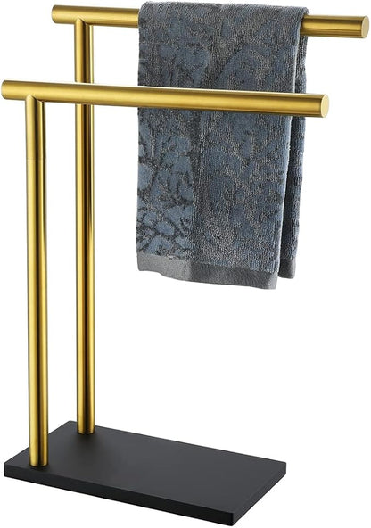 JQK Hand Towel Holder Stand Brushed Gold, Modern Tree Rack Free Standing for Countertop with 12 Inch 2 Bars, 304 Stainless Steel Golden, HTT172-BG