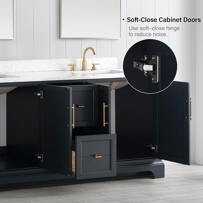 Vanity Art 72 Inch Bathroom Vanity with Double Sink, Vintage Spruce Blue | Solid Wood, Ceramic Sink, Marble Top, Waterproof Backsplash, Pre-assembled, Soft-close Doors, Ample Storage, Freestanding