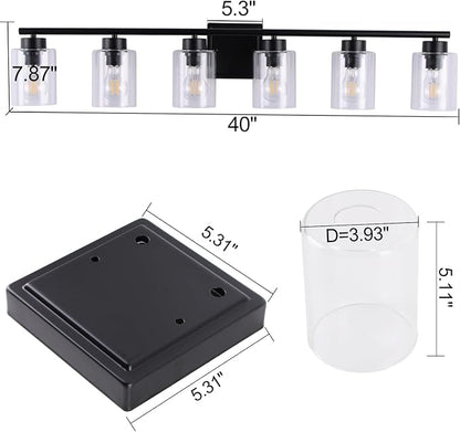 6 Light Bathroom Light Fixtures, 40 Inches Bathroom Lighting Fixtures Over Mirror, Black Vanity Light with Clear Glass Shades