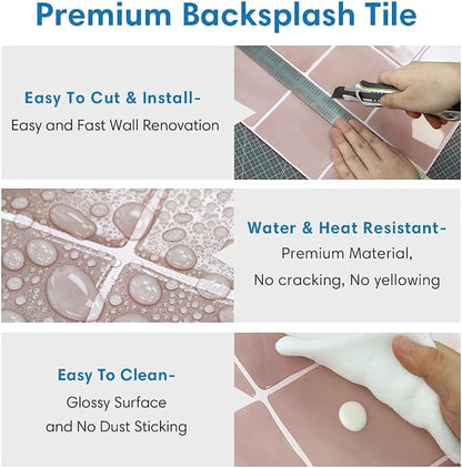 Thicker 3D Peel and Stick Backsplash Tiles, 10 Pcs 12" x 12" | Pink, Glossy Self Adhesive Backsplash Wall Sticker for Renter Friendly Bathroom DIY Wall Makeover, Cover 10 sq ft，Removable