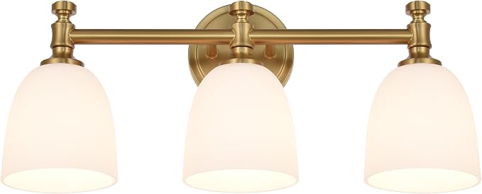 Gold Bathroom Vanity Light, 3-Light Bathroom Light Fixtures Over Mirror, Traditional Vanity Lights for Living Room, Milk White Bell Glass Shades, Standard E26 Base, Aged Brass
