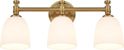 Gold Bathroom Vanity Light, 3-Light Bathroom Light Fixtures Over Mirror, Traditional Vanity Lights for Living Room, Milk White Bell Glass Shades, Standard E26 Base, Aged Brass