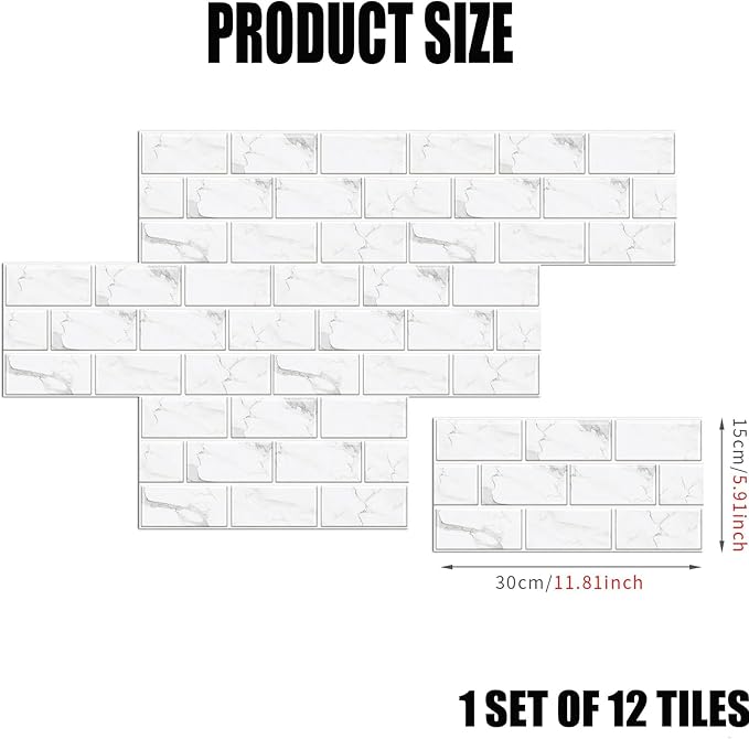 12-Sheet White Peel and Stick Wallpaper, Subway Tile 6''x12'' Self Adhesive Wall Tiles Waterproof PVC Stick on Backsplash Vinyl Decorative Tiles Stickers for Kitchen Bathroom