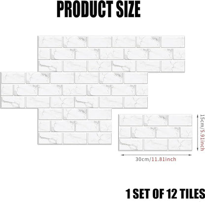 12-Sheet White Peel and Stick Wallpaper, Subway Tile 6''x12'' Self Adhesive Wall Tiles Waterproof PVC Stick on Backsplash Vinyl Decorative Tiles Stickers for Kitchen Bathroom