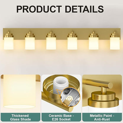 IZORRO Bathroom Vanity Light Fixture, 6-Light 46 Inch Gold Bathroom Light Fixtures Over Mirror, with White Glass Shade, Modern Farmhouse Vanity Lights, Rustic Restroom Lighting Fixtures