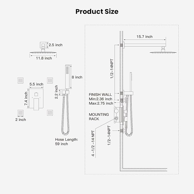gotonovo Rainfall Shower System with Full Body Jets 4pcs Matte Black | 12’’ Rainfall Shower Head with Handheld Spray Combo,Wall Mount,Rough-in Valve and Trim Kit,Brass Body Message Jets,All Metal