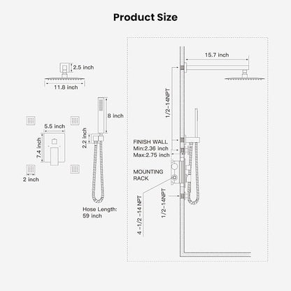 gotonovo Rainfall Shower System with Full Body Jets 4pcs Matte Black | 12’’ Rainfall Shower Head with Handheld Spray Combo,Wall Mount,Rough-in Valve and Trim Kit,Brass Body Message Jets,All Metal