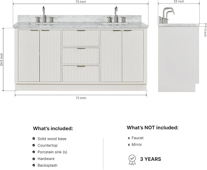 ARIEL Milan 72-inch Bathroom Vanity with Sink,Solid Wood, 1.5-inch Italian Carrara Marble Countertop, Double Rectangular Porcelain Sink, 4 Soft Closing Doors, 3 Dovetail Drawers, Warm White