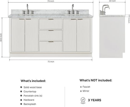 ARIEL Milan 72-inch Bathroom Vanity with Sink,Solid Wood, 1.5-inch Italian Carrara Marble Countertop, Double Rectangular Porcelain Sink, 4 Soft Closing Doors, 3 Dovetail Drawers, Warm White